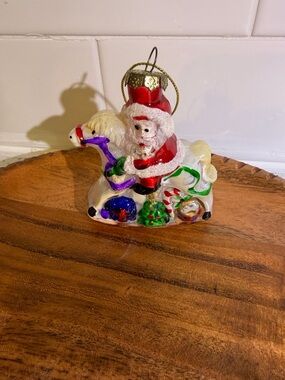 Vintage Blown Glass Festive Santa on White Horse Holiday Ornament